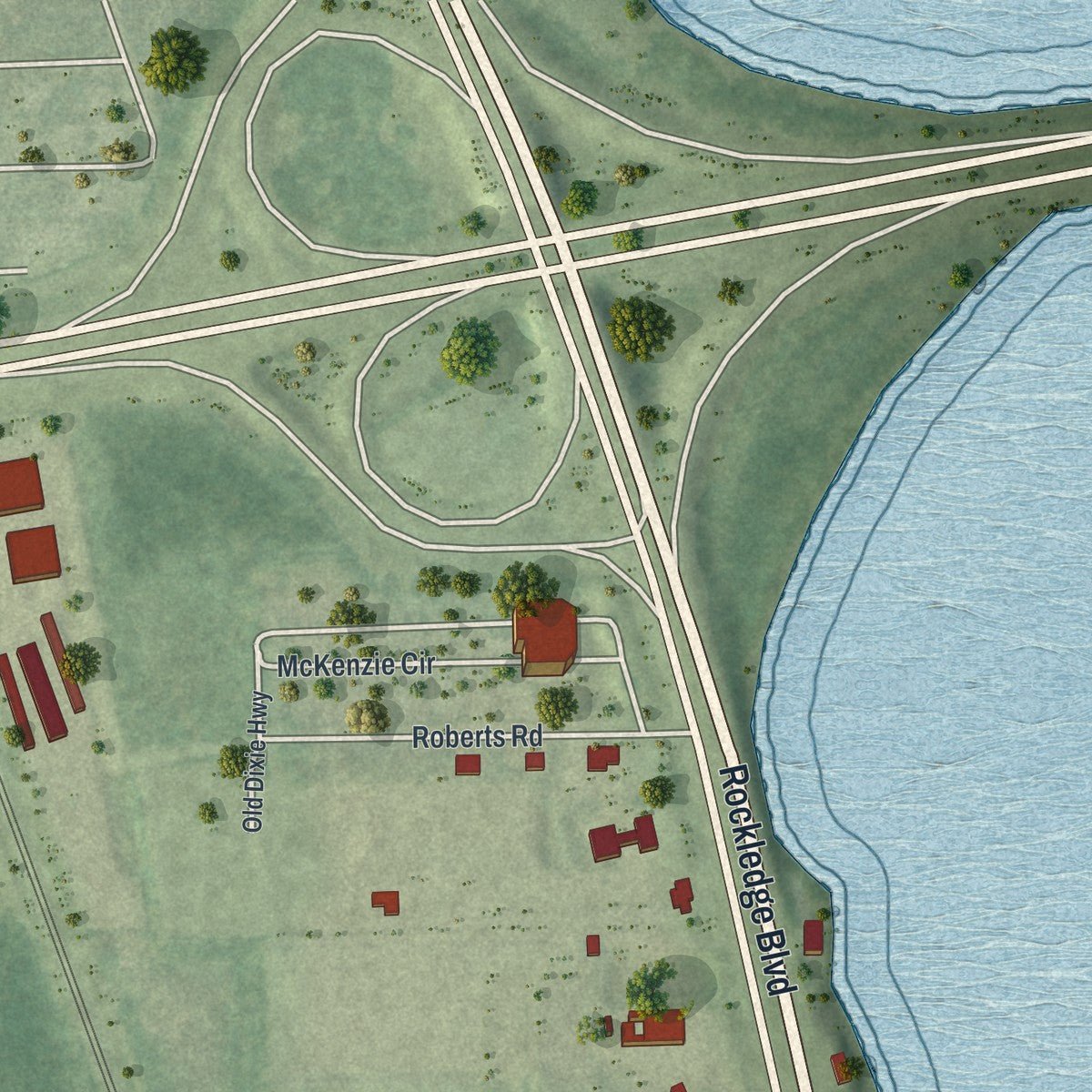 Second close-up of the map of Palm Shores, Florida print showing more streets and buildings