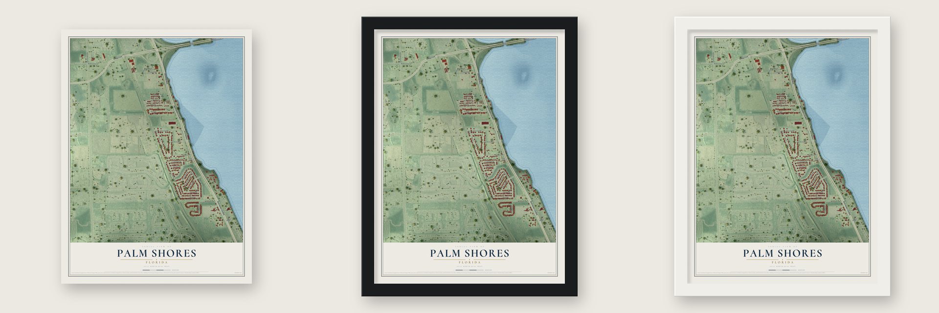 Palm Shores, Florida map unframed, in a black wood frame and in a white wood frame