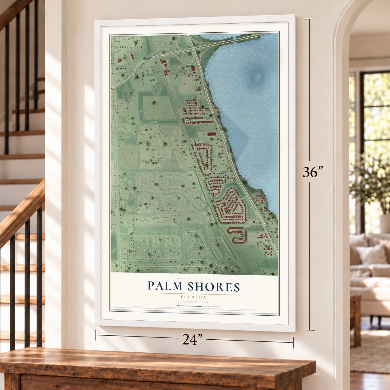 Palm Shores, Florida map, 24 x 36 inch print in a white frame by a staircase