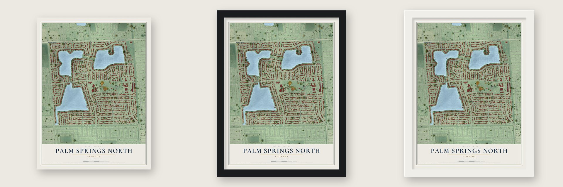 Palm Springs North, Florida map unframed, in a black wood frame and in a white wood frame