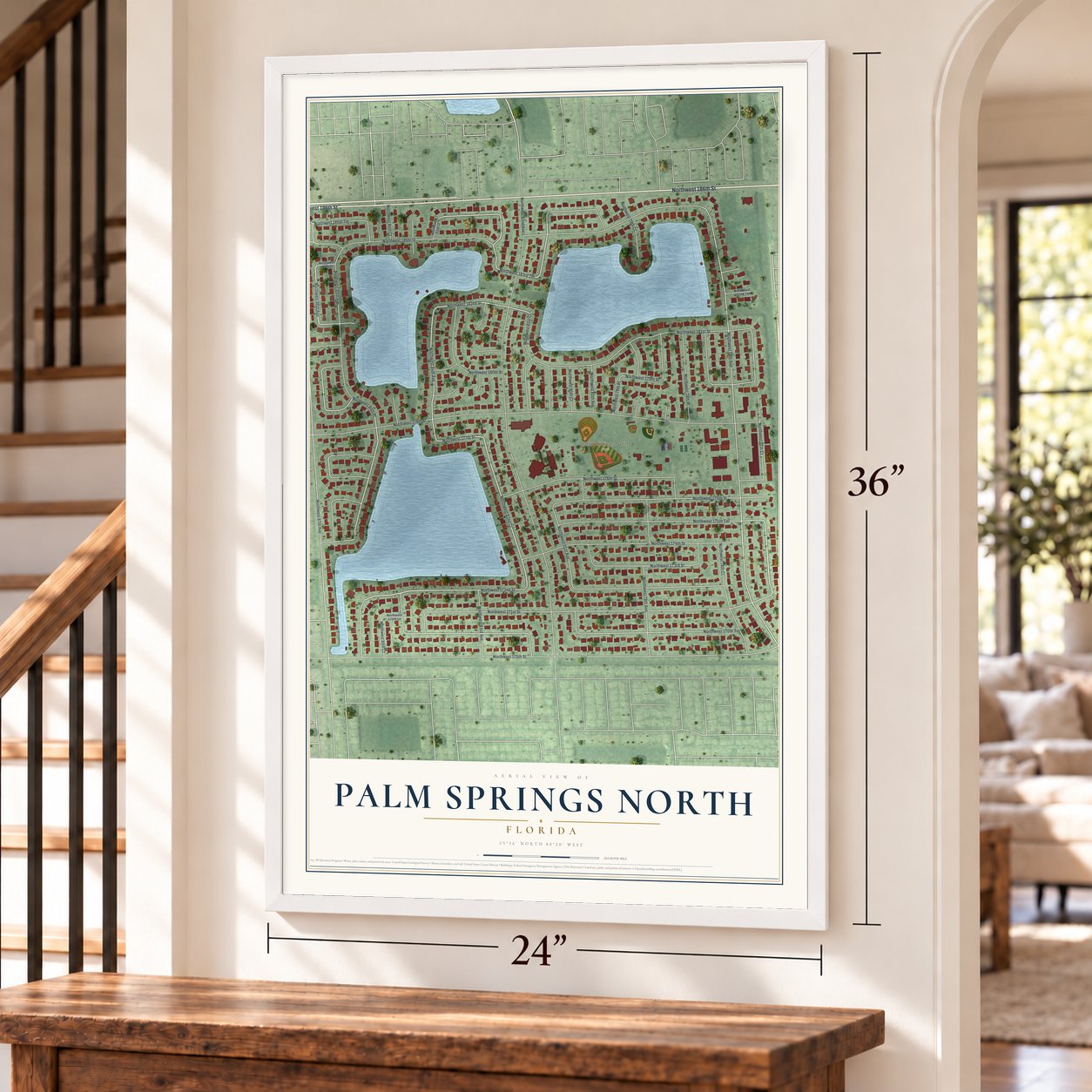 Palm Springs North, Florida map, 24 x 36 inch print in a white frame by a staircase