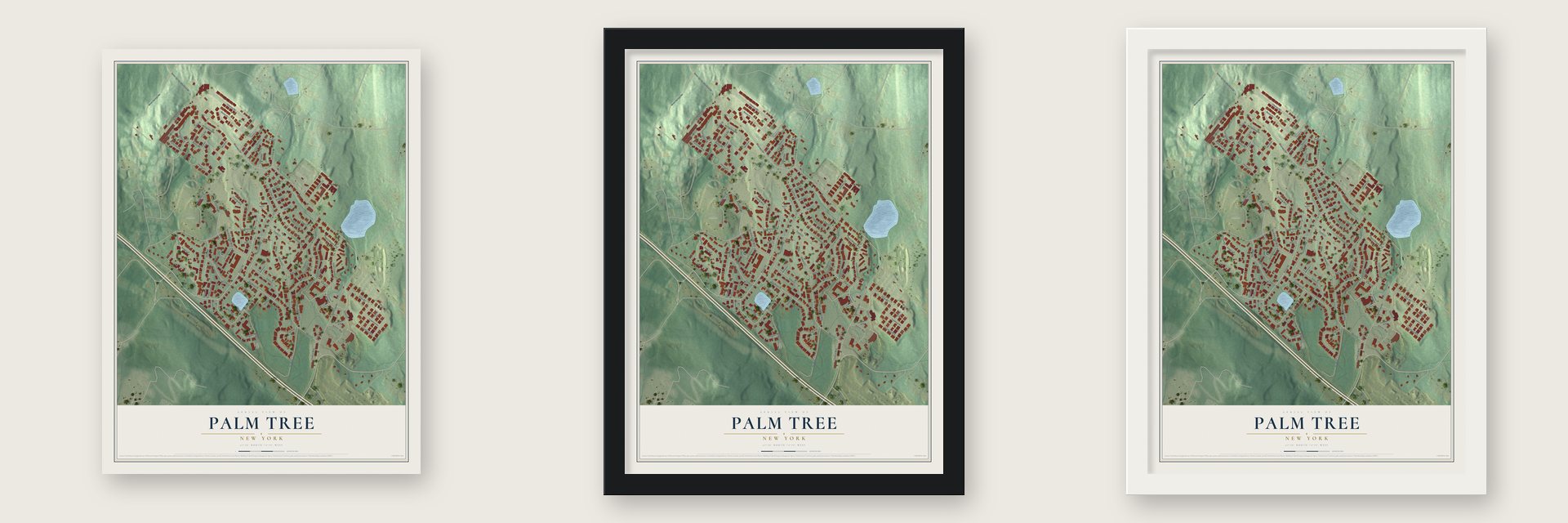 Palm Tree, New York map unframed, in a black wood frame and in a white wood frame