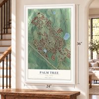 Palm Tree, New York map, 24 x 36 inch print in a white frame by a staircase