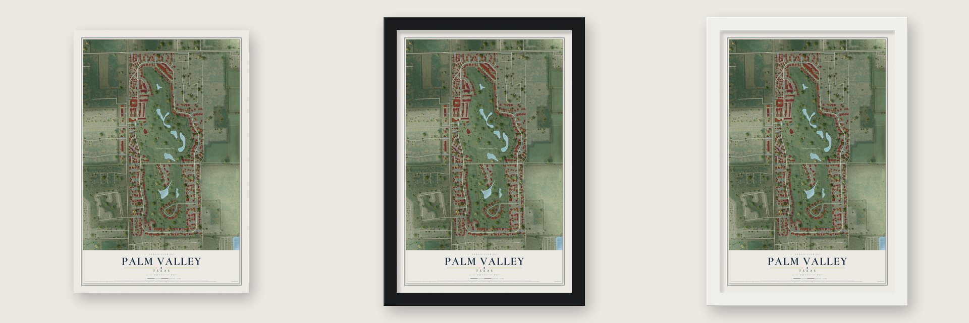 Palm Valley, Texas map unframed, in a black wood frame and in a white wood frame