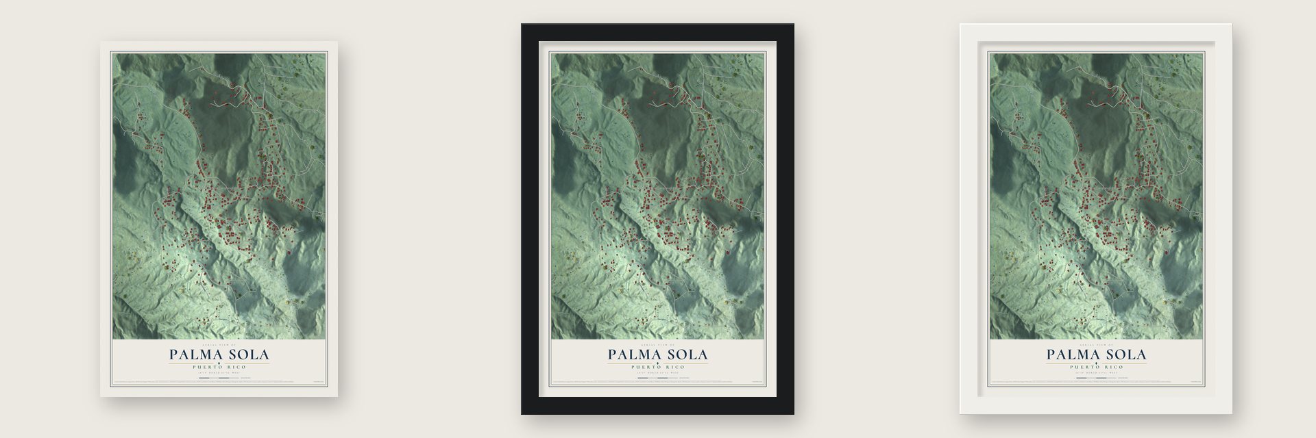Palma Sola, Puerto Rico map unframed, in a black wood frame and in a white wood frame