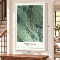Palma Sola, Puerto Rico map, 24 x 36 inch print in a white frame by a staircase