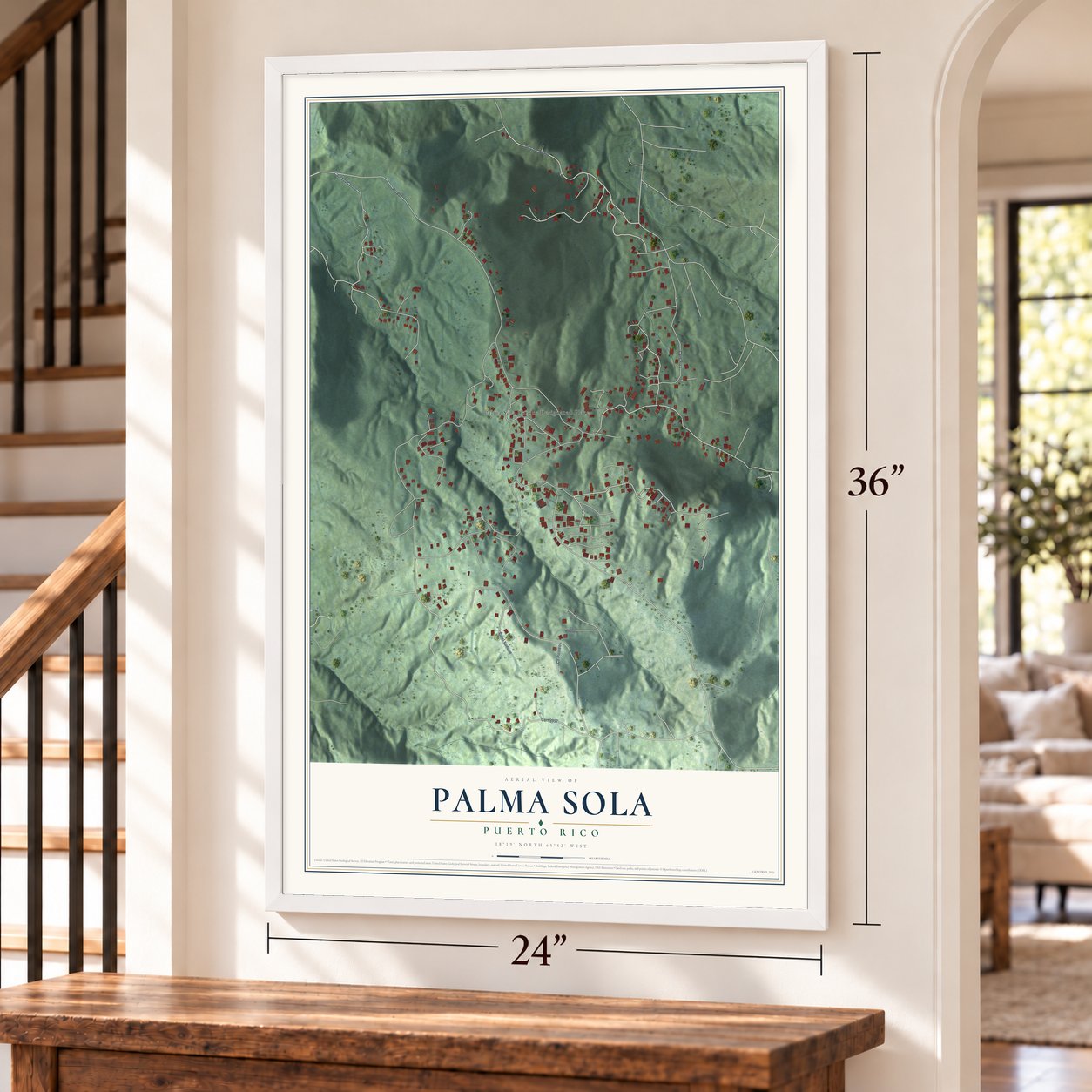 Palma Sola, Puerto Rico map, 24 x 36 inch print in a white frame by a staircase