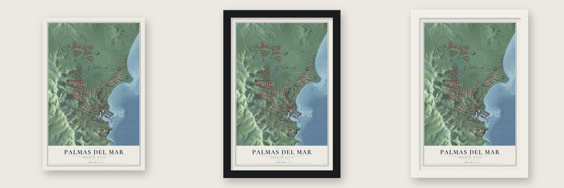 Palmas del Mar, Puerto Rico map unframed, in a black wood frame and in a white wood frame