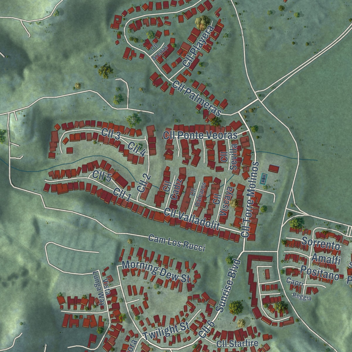 Second close-up of the map of Palmas del Mar, Puerto Rico print showing more streets and buildings