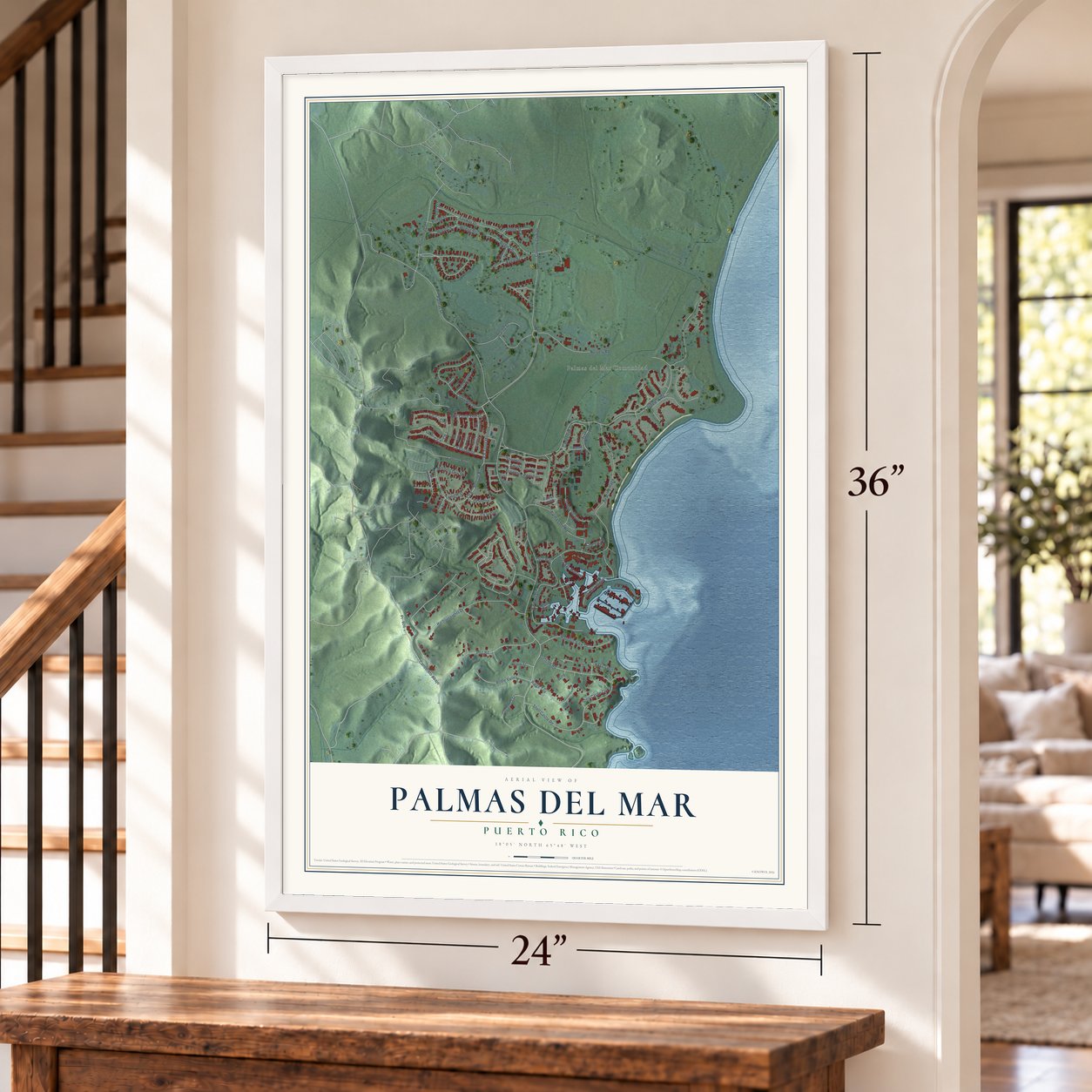 Palmas del Mar, Puerto Rico map, 24 x 36 inch print in a white frame by a staircase