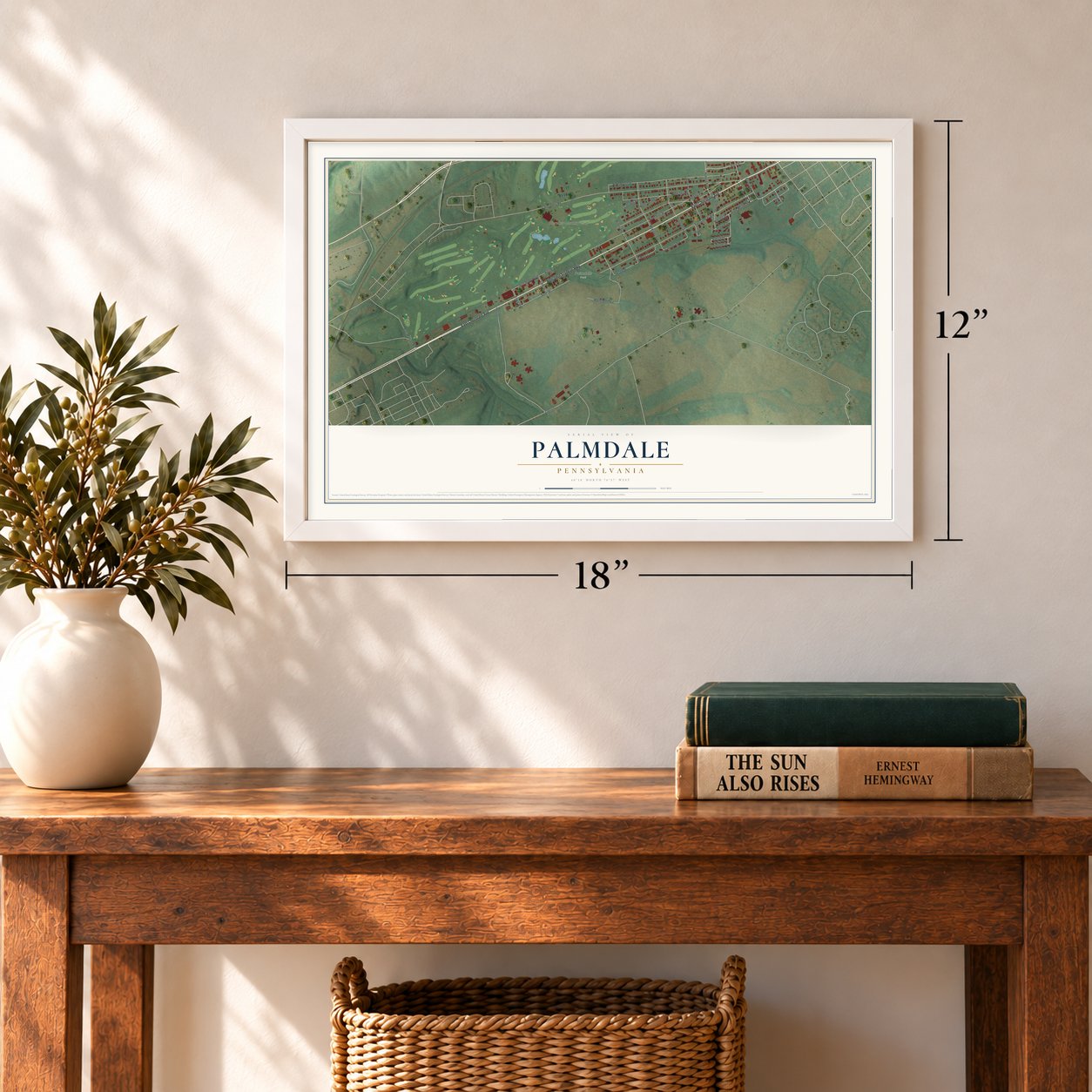 Palmdale, Pennsylvania map, 12 x 18 inch print in a white frame in an entryway