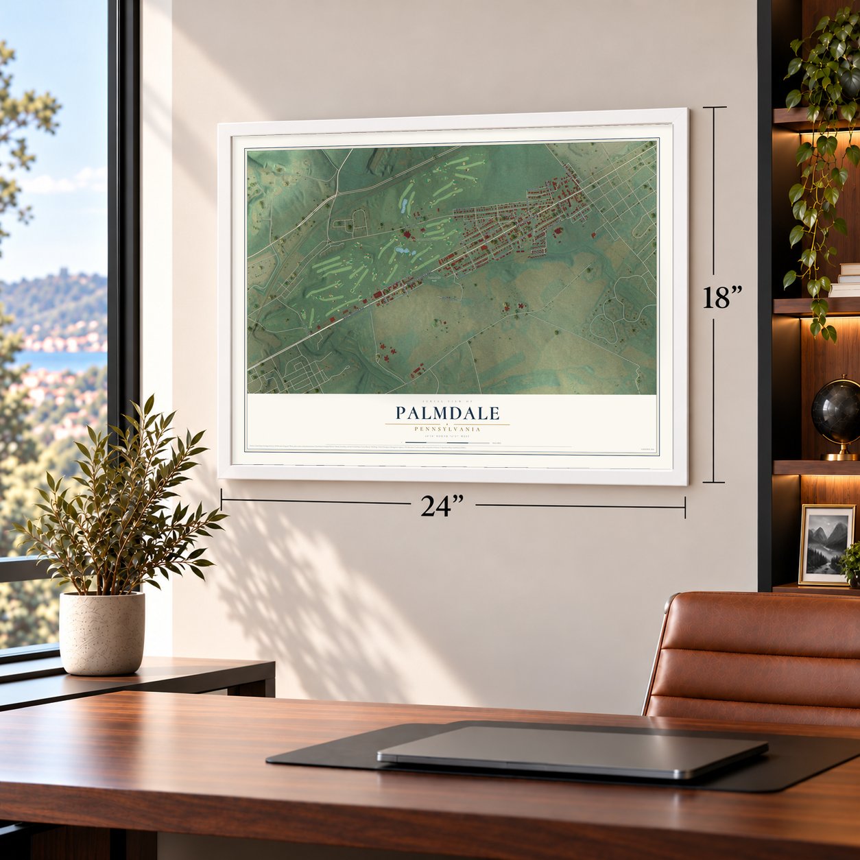 Palmdale, Pennsylvania map, 18 x 24 inch print in a white frame in a home office