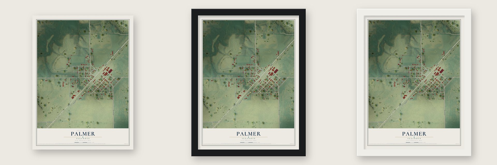 Palmer, Illinois map unframed, in a black wood frame and in a white wood frame