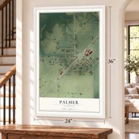 Palmer, Illinois map, 24 x 36 inch print in a white frame by a staircase
