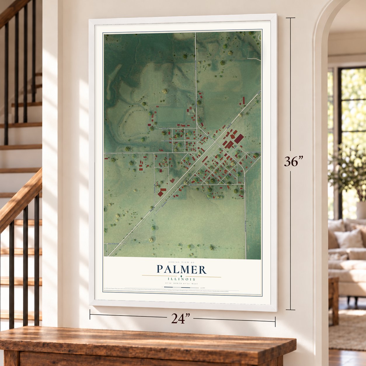 Palmer, Illinois map, 24 x 36 inch print in a white frame by a staircase
