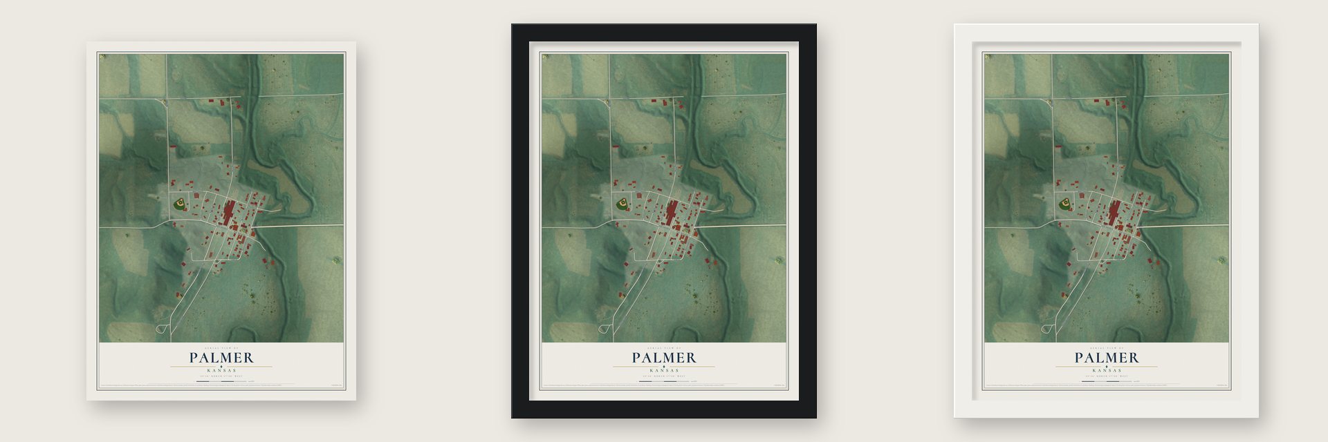Palmer, Kansas map unframed, in a black wood frame and in a white wood frame