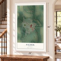 Palmer, Kansas map, 24 x 36 inch print in a white frame by a staircase