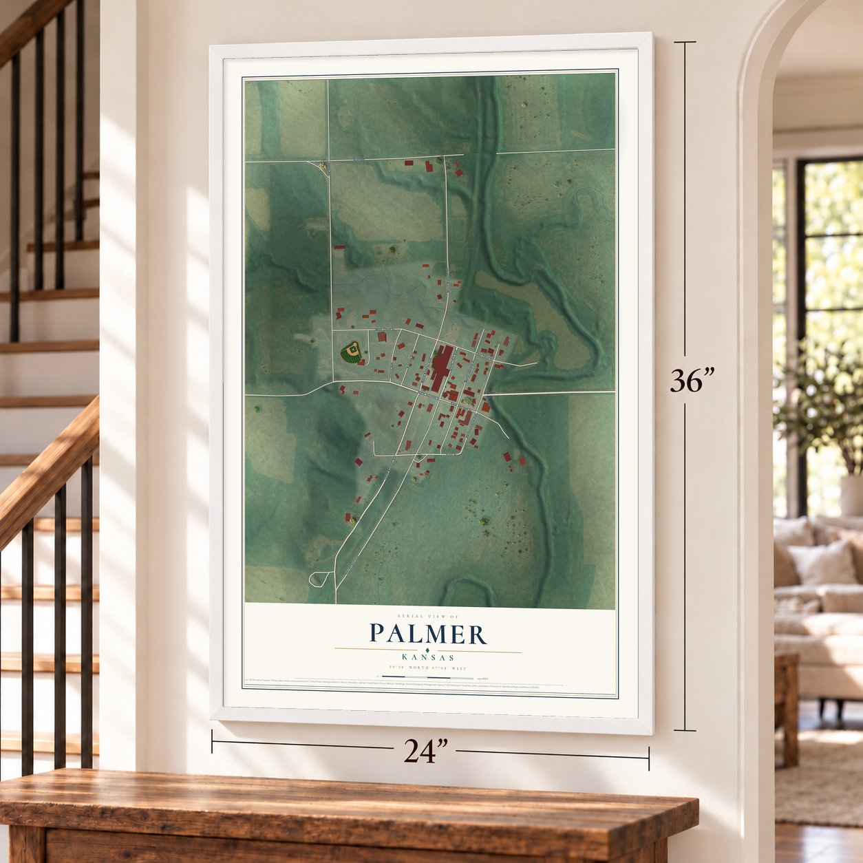 Palmer, Kansas map, 24 x 36 inch print in a white frame by a staircase