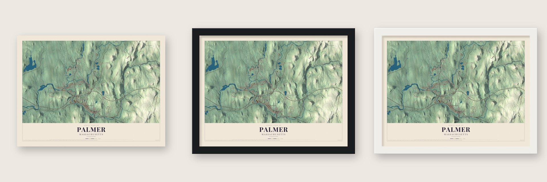 Palmer, Massachusetts map unframed, in a black wood frame and in a white wood frame