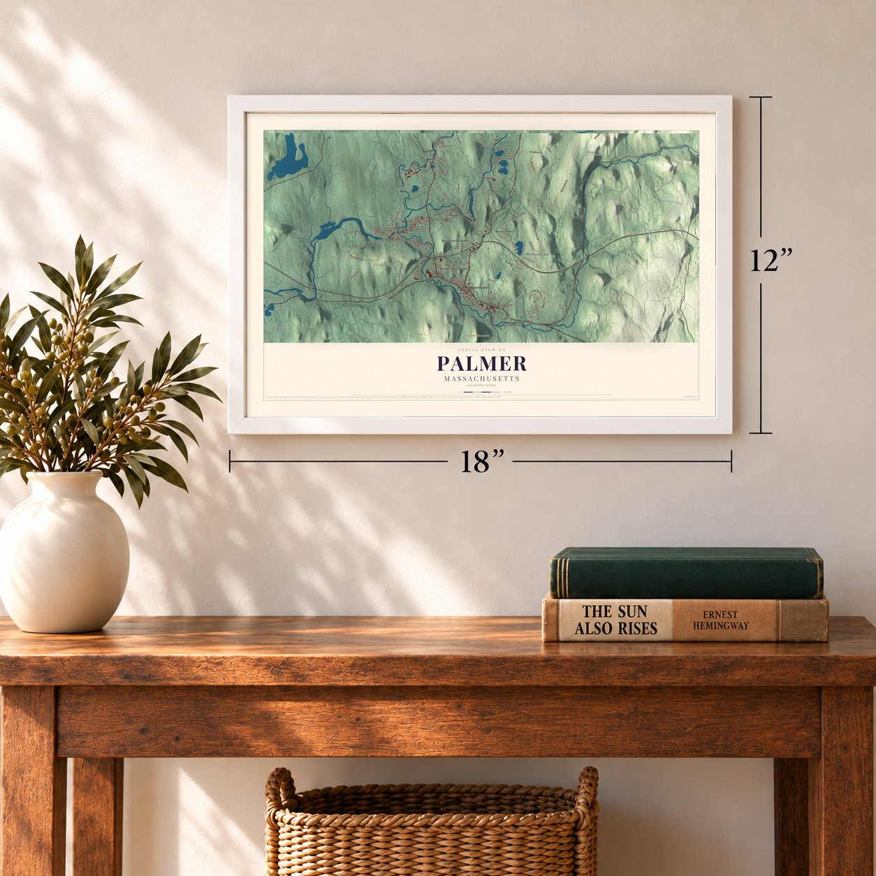 Palmer, Massachusetts map, 12 x 18 inch print in a white frame in an entryway
