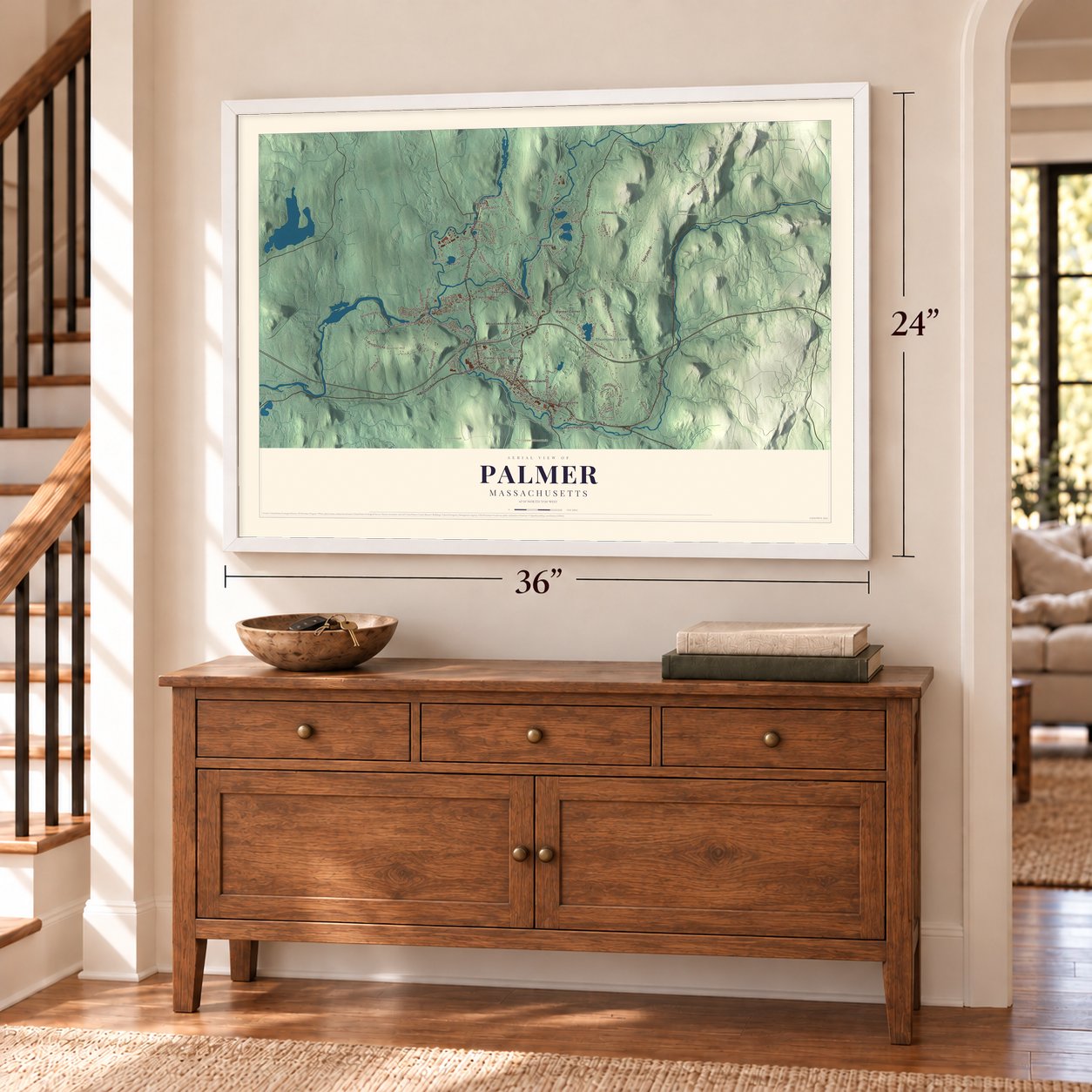 Palmer, Massachusetts map, 24 x 36 inch print in a white frame above a dresser by a staircase