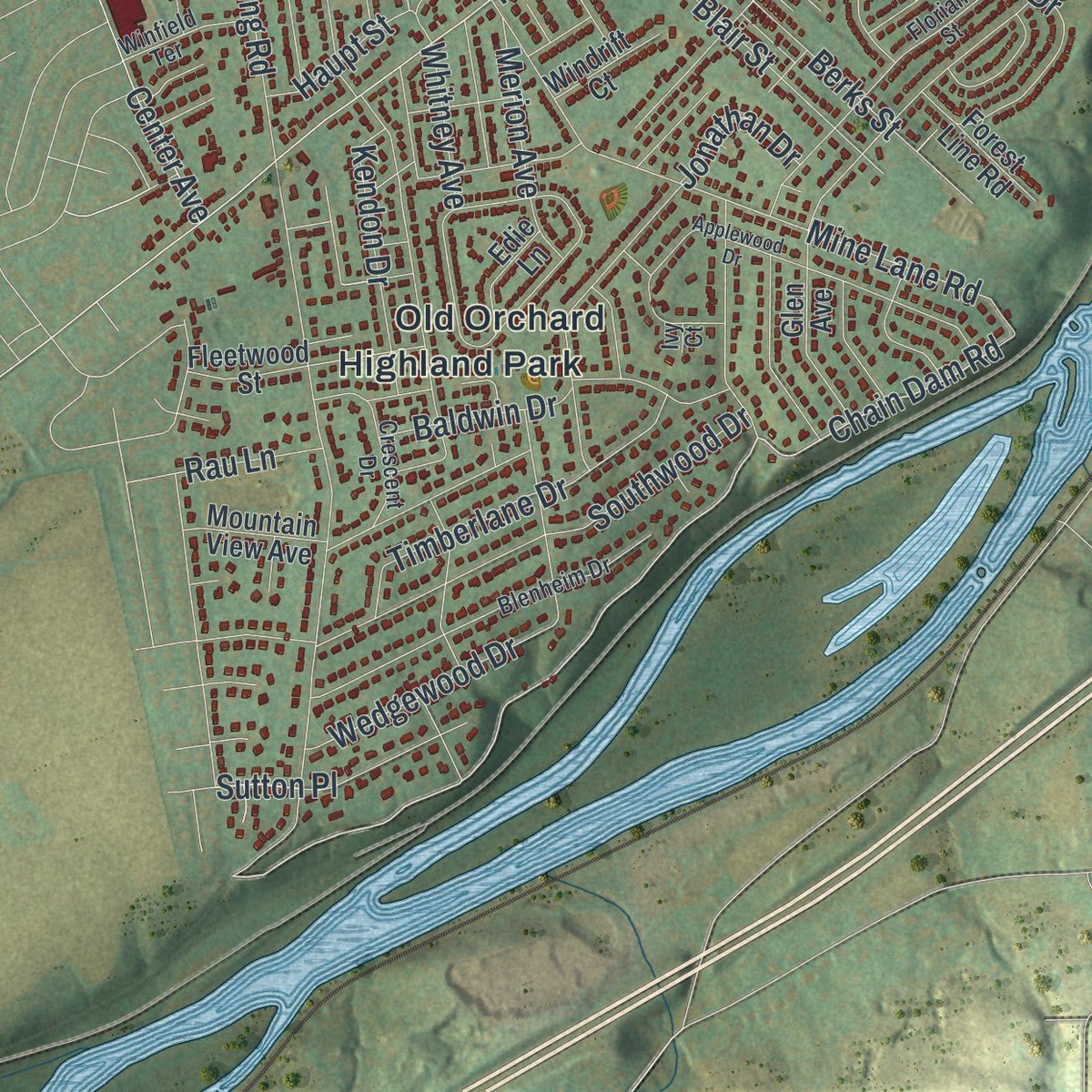 Second close-up of the map of Palmer, Pennsylvania print showing more streets and buildings