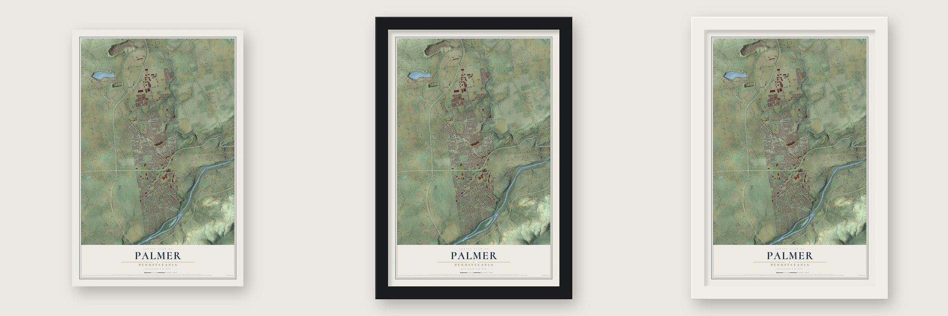 Palmer, Pennsylvania map unframed, in a black wood frame and in a white wood frame