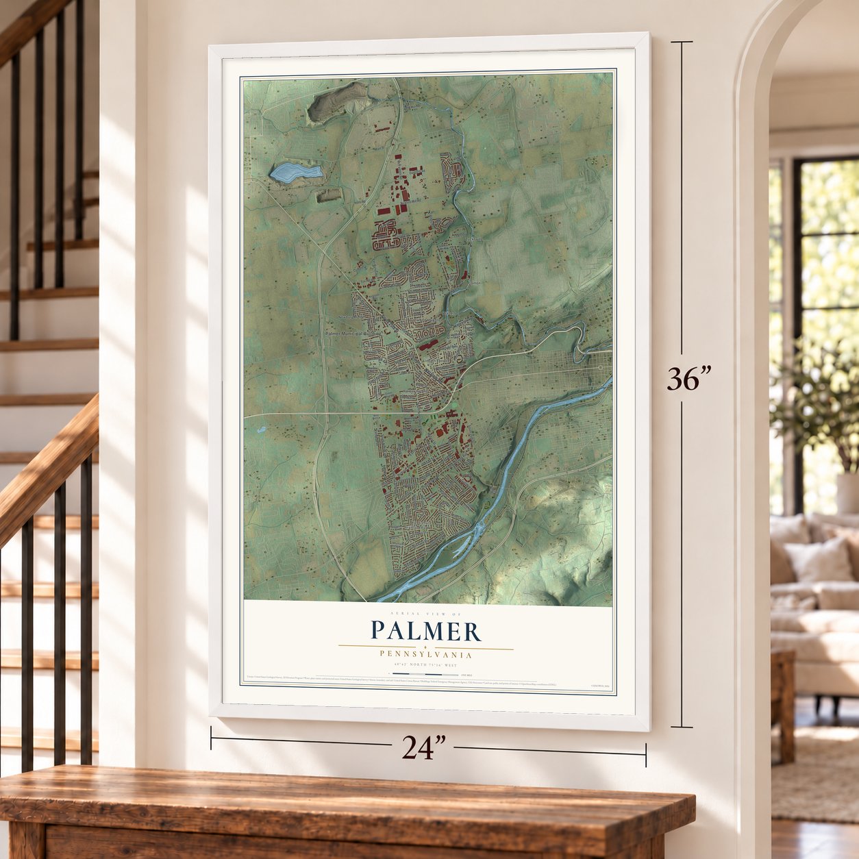Palmer, Pennsylvania map, 24 x 36 inch print in a white frame by a staircase