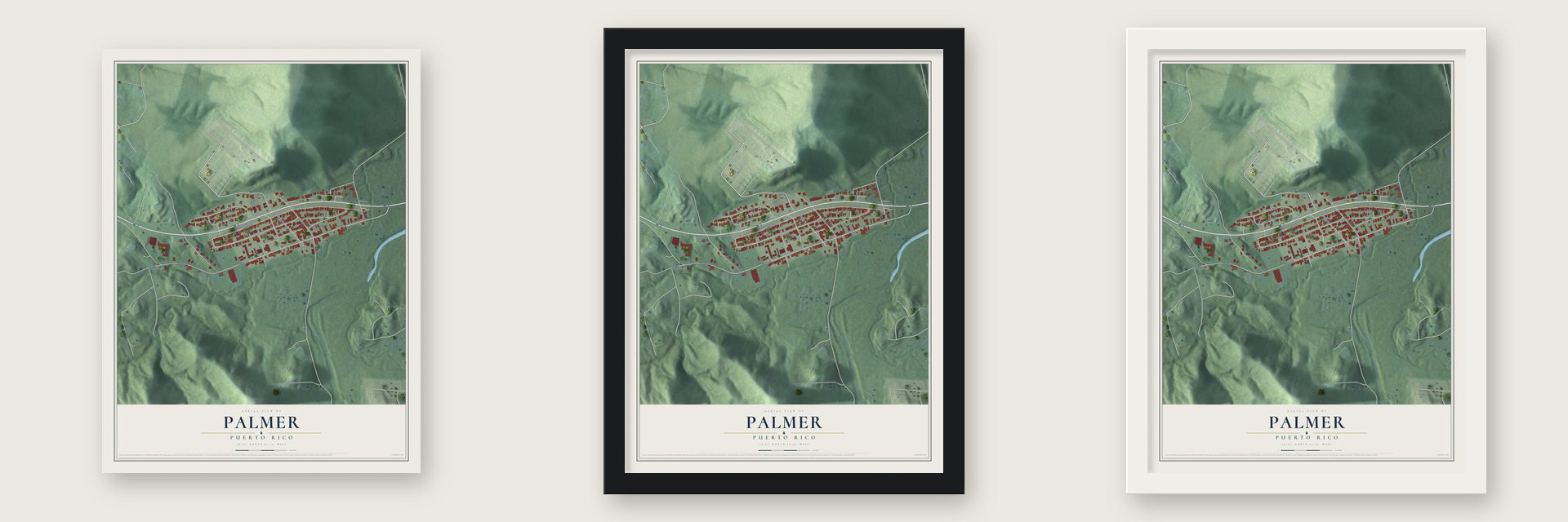 Palmer, Puerto Rico map unframed, in a black wood frame and in a white wood frame
