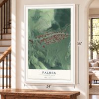 Palmer, Puerto Rico map, 24 x 36 inch print in a white frame by a staircase