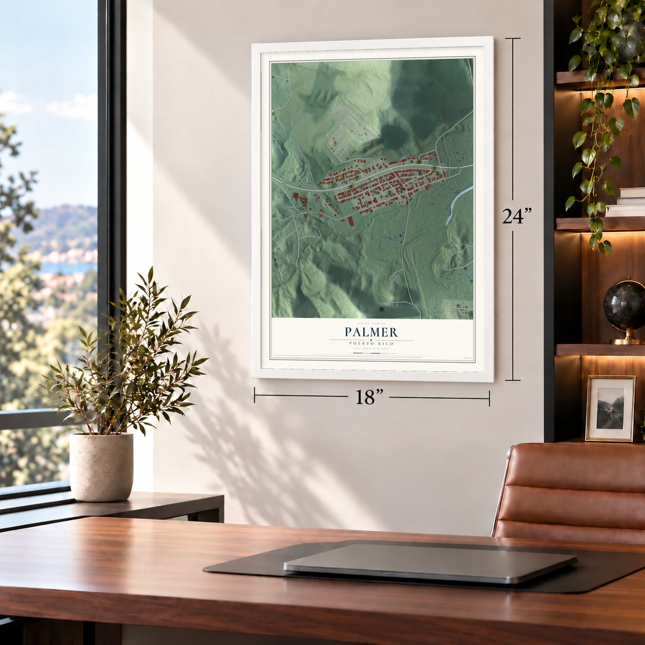 Palmer, Puerto Rico map, 18 x 24 inch print in a white frame in a home office
