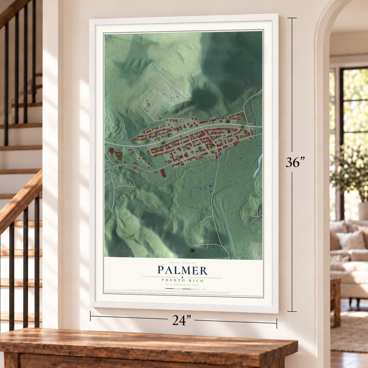 Palmer, Puerto Rico map, 24 x 36 inch print in a white frame by a staircase