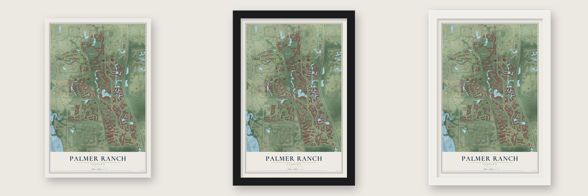 Palmer Ranch, Florida map unframed, in a black wood frame and in a white wood frame