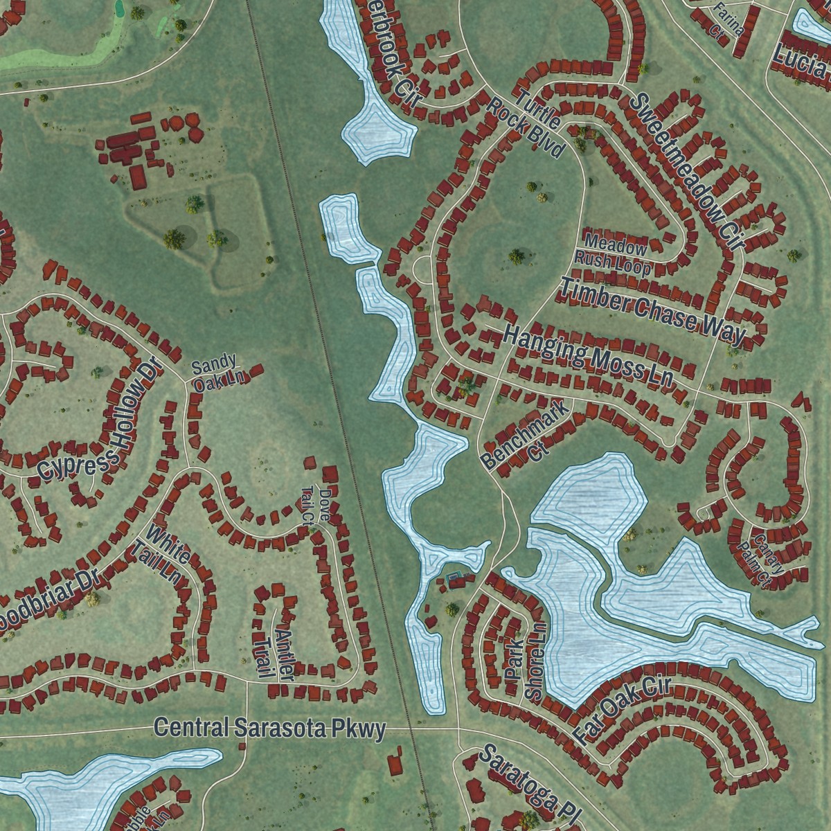 Second close-up of the map of Palmer Ranch, Florida print showing more streets and buildings