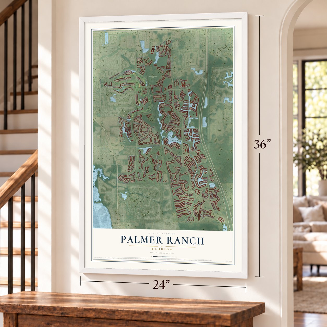 Palmer Ranch, Florida map, 24 x 36 inch print in a white frame by a staircase