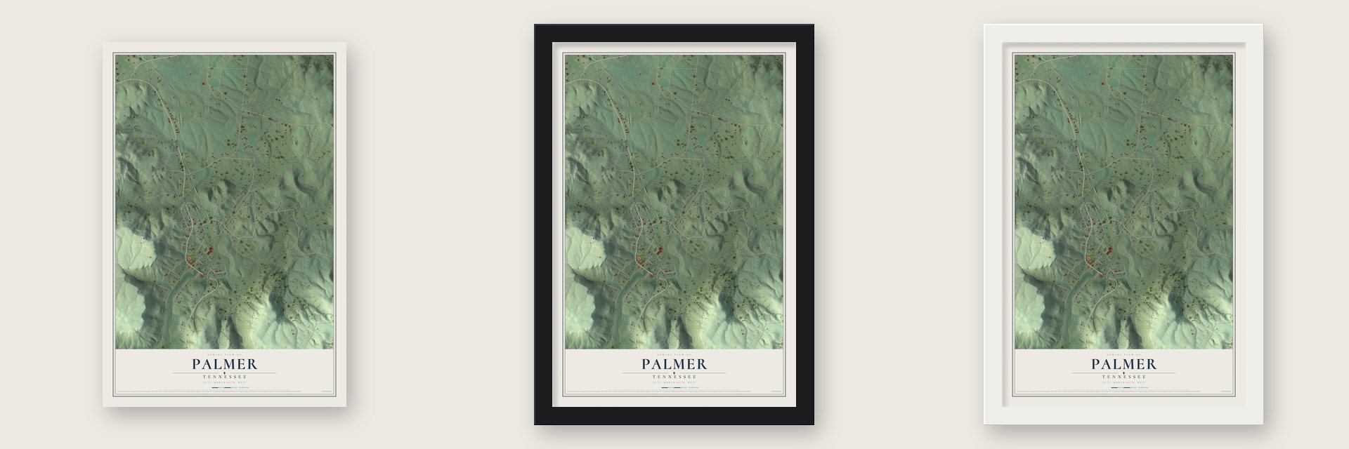 Palmer, Tennessee map unframed, in a black wood frame and in a white wood frame