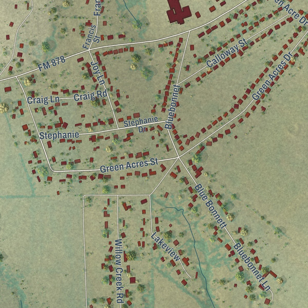 Second close-up of the map of Palmer, Texas print showing more streets and buildings