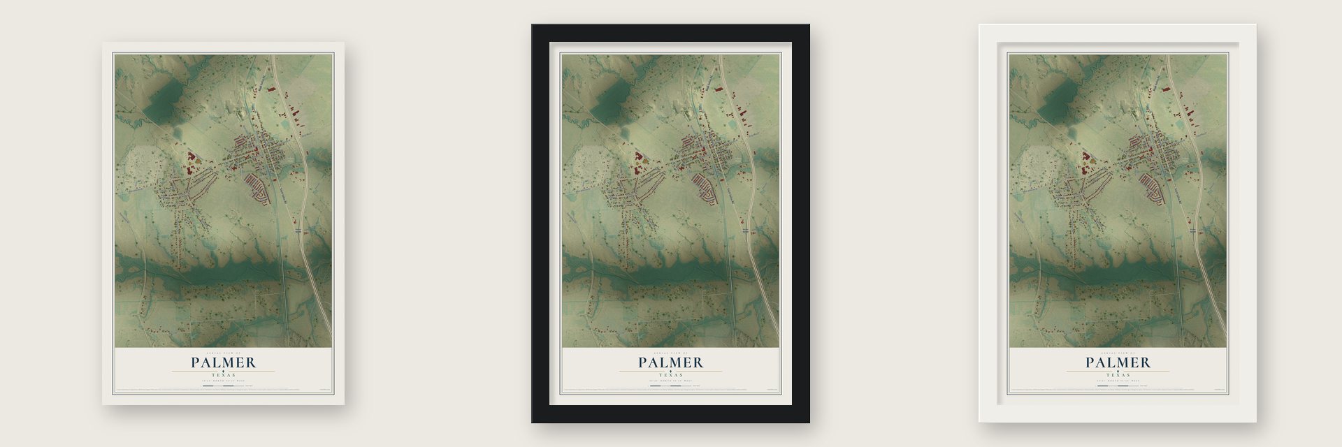 Palmer, Texas map unframed, in a black wood frame and in a white wood frame