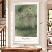 Palmer, Texas map, 24 x 36 inch print in a white frame by a staircase