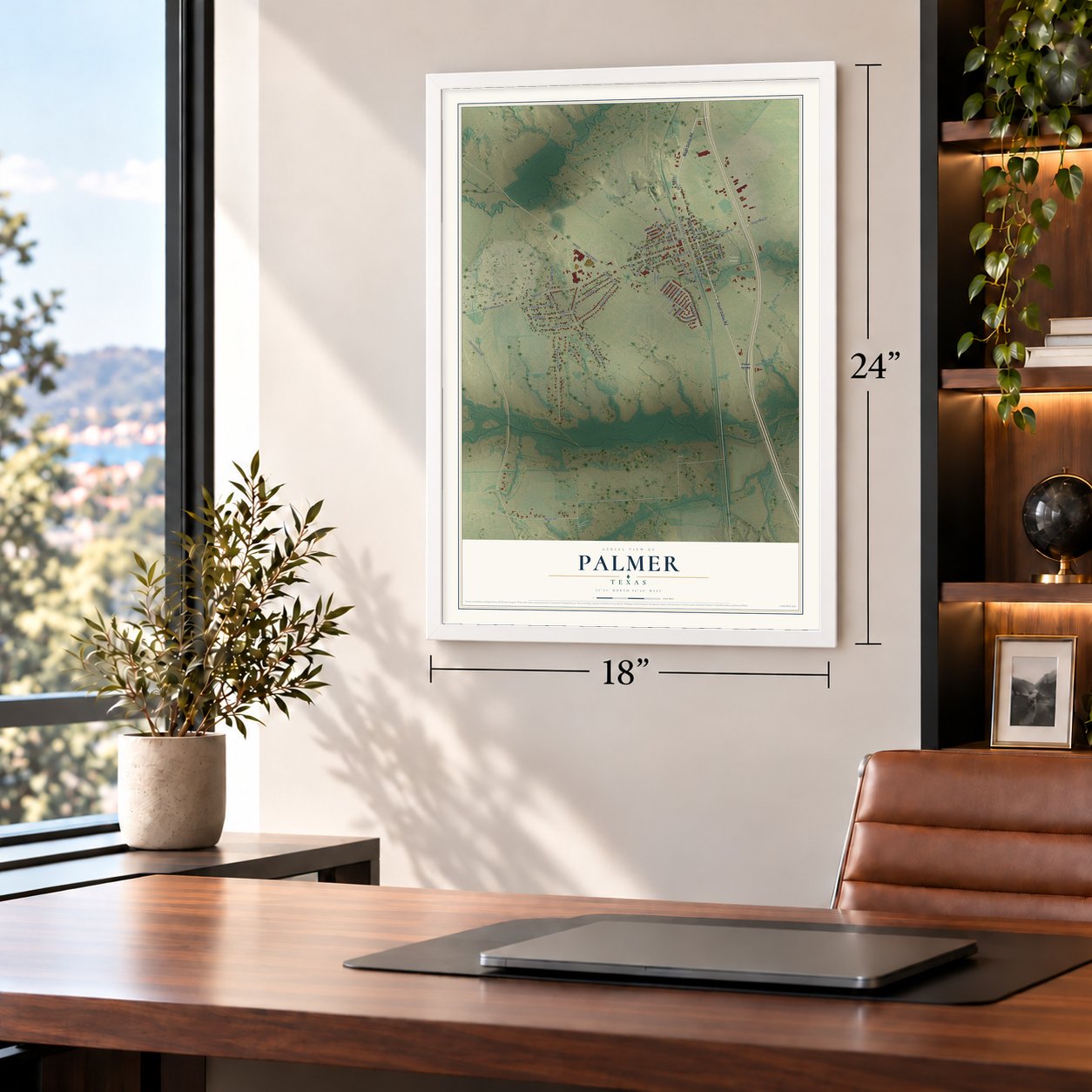Palmer, Texas map, 18 x 24 inch print in a white frame in a home office