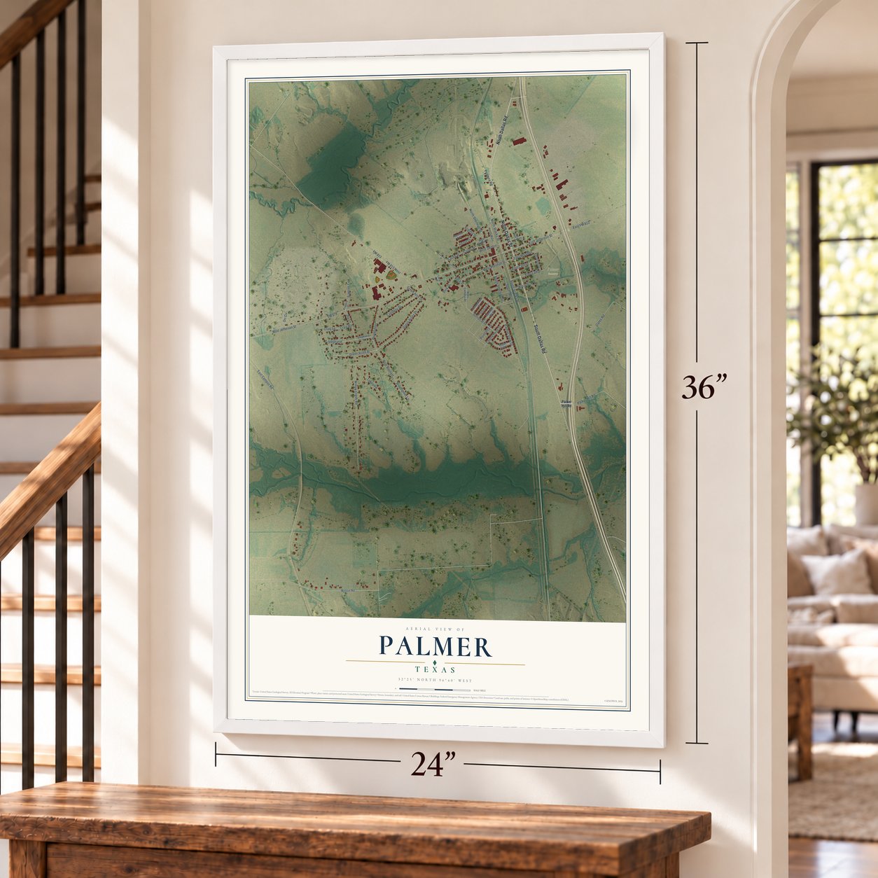 Palmer, Texas map, 24 x 36 inch print in a white frame by a staircase