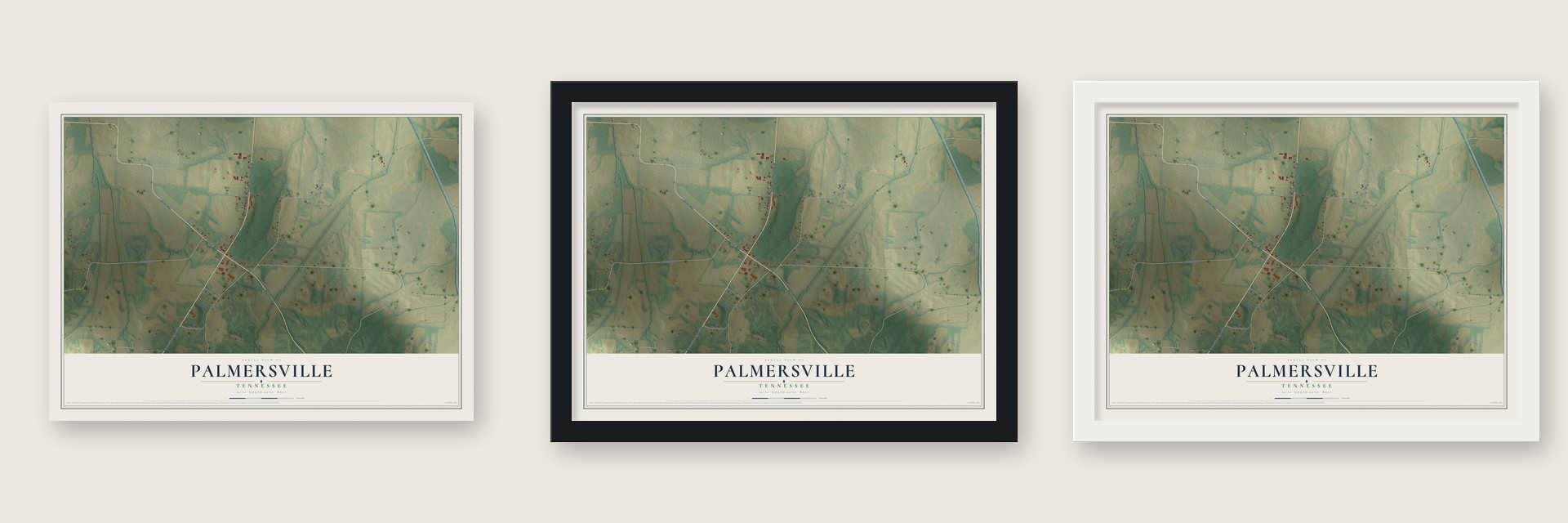 Palmersville, Tennessee map unframed, in a black wood frame and in a white wood frame