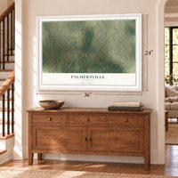 Palmersville, Tennessee map, 24 x 36 inch print in a white frame above a dresser by a staircase
