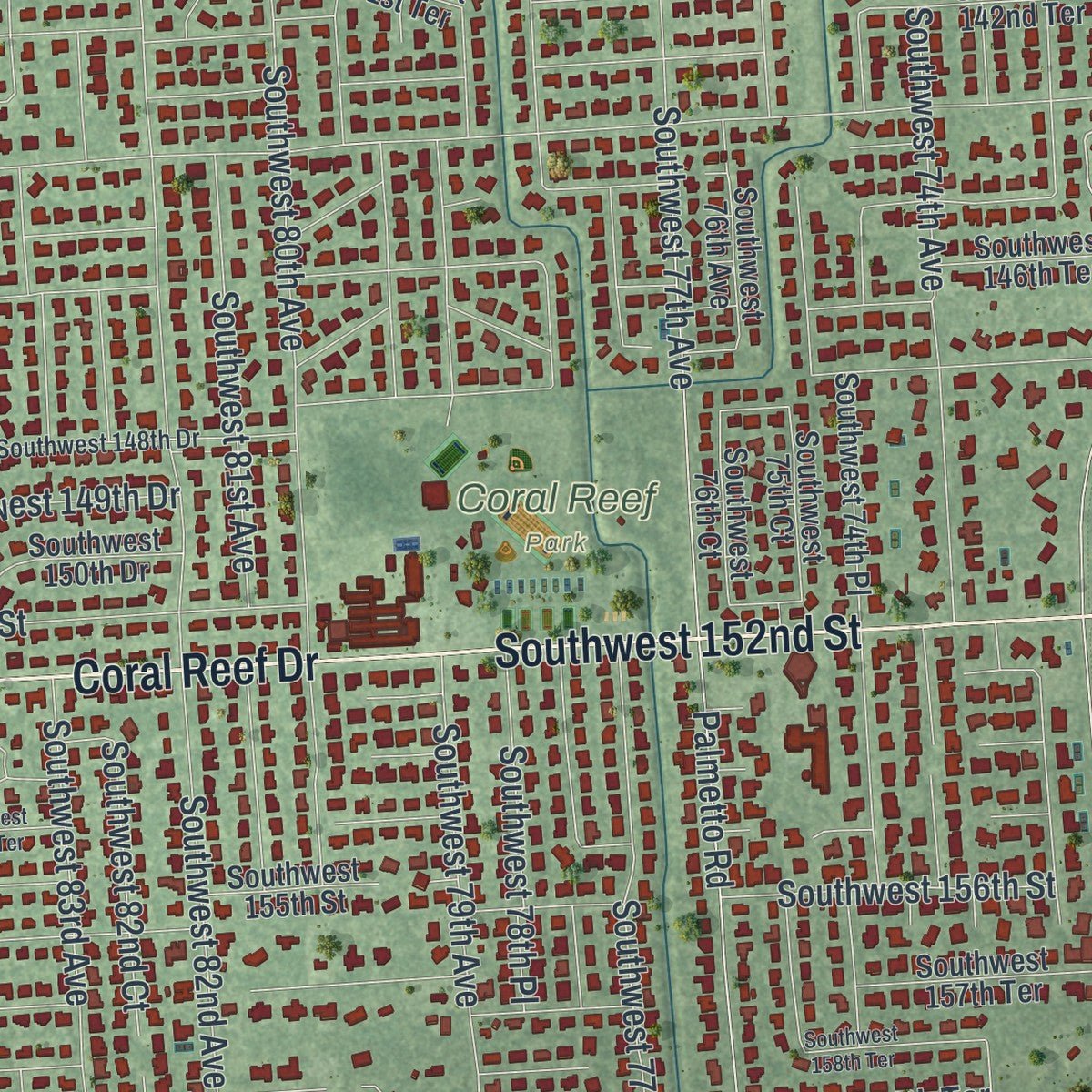 Second close-up of the map of Palmetto Bay, Florida print showing more streets and buildings