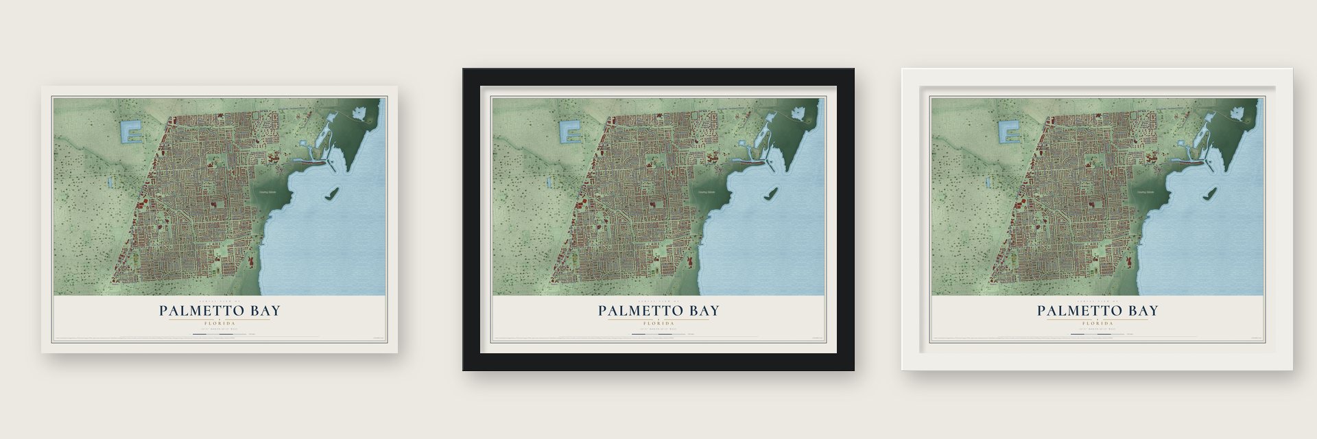 Palmetto Bay, Florida map unframed, in a black wood frame and in a white wood frame