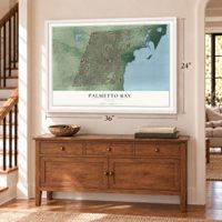 Palmetto Bay, Florida map, 24 x 36 inch print in a white frame above a dresser by a staircase