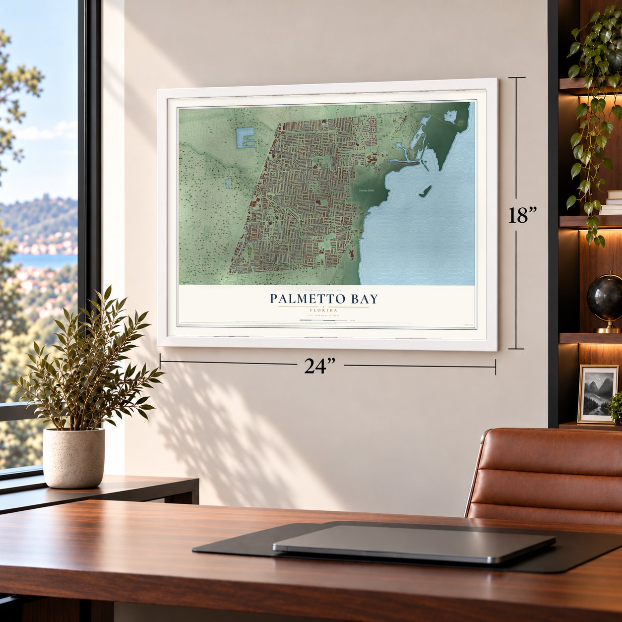 Palmetto Bay, Florida map, 18 x 24 inch print in a white frame in a home office