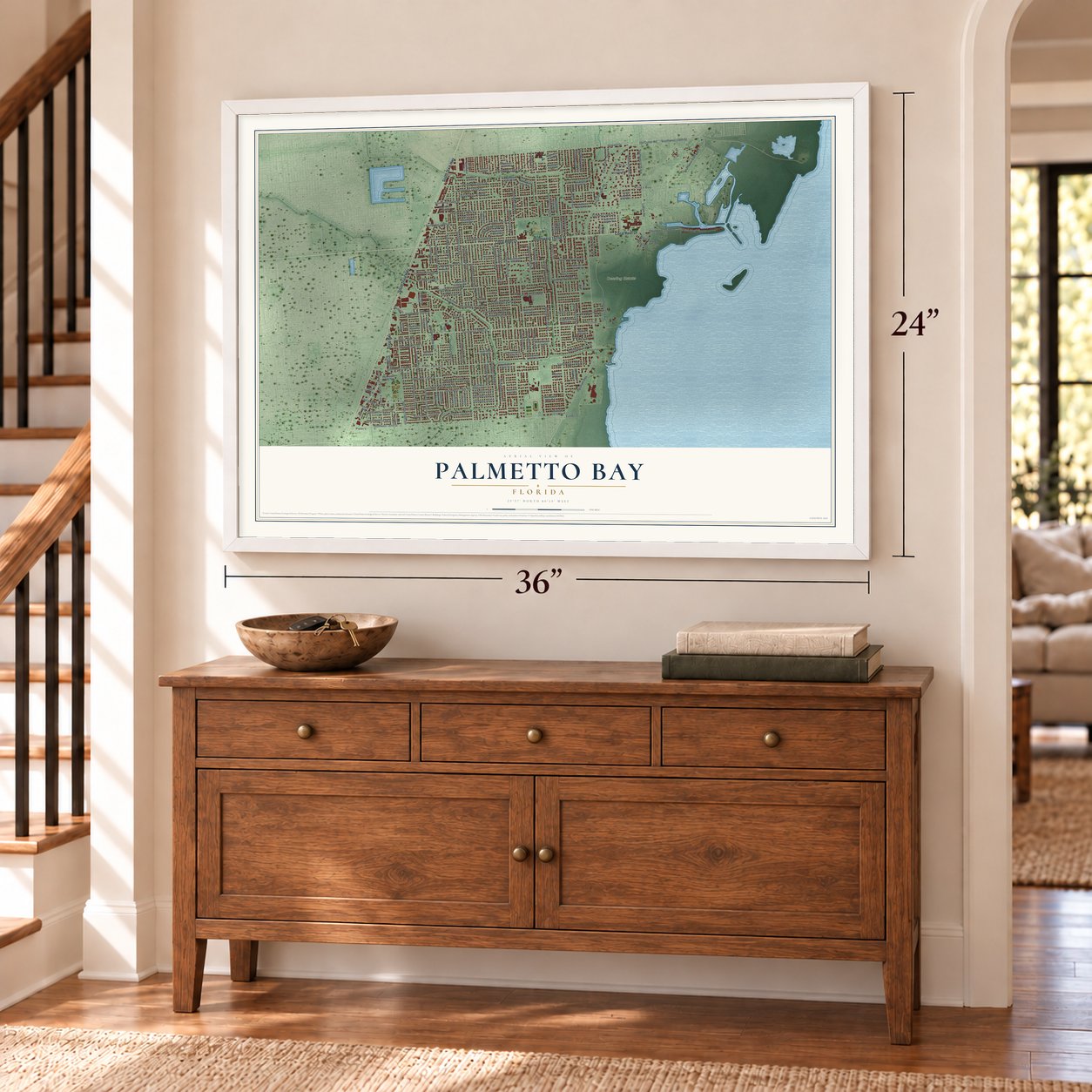 Palmetto Bay, Florida map, 24 x 36 inch print in a white frame above a dresser by a staircase