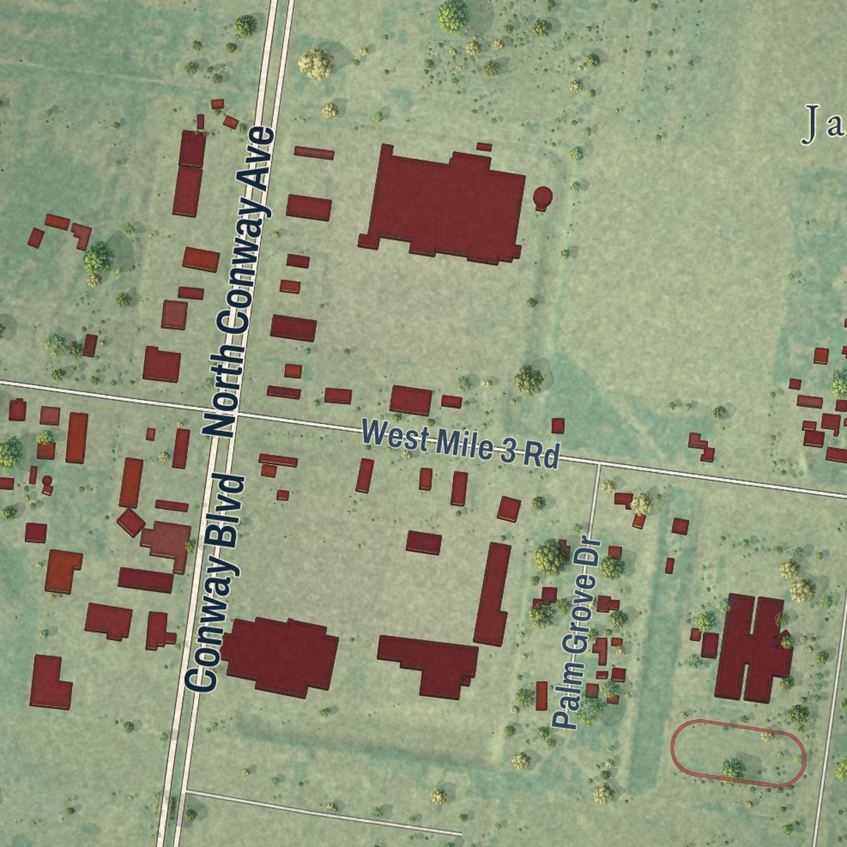 Second close-up of the map of Palmhurst, Texas print showing more streets and buildings