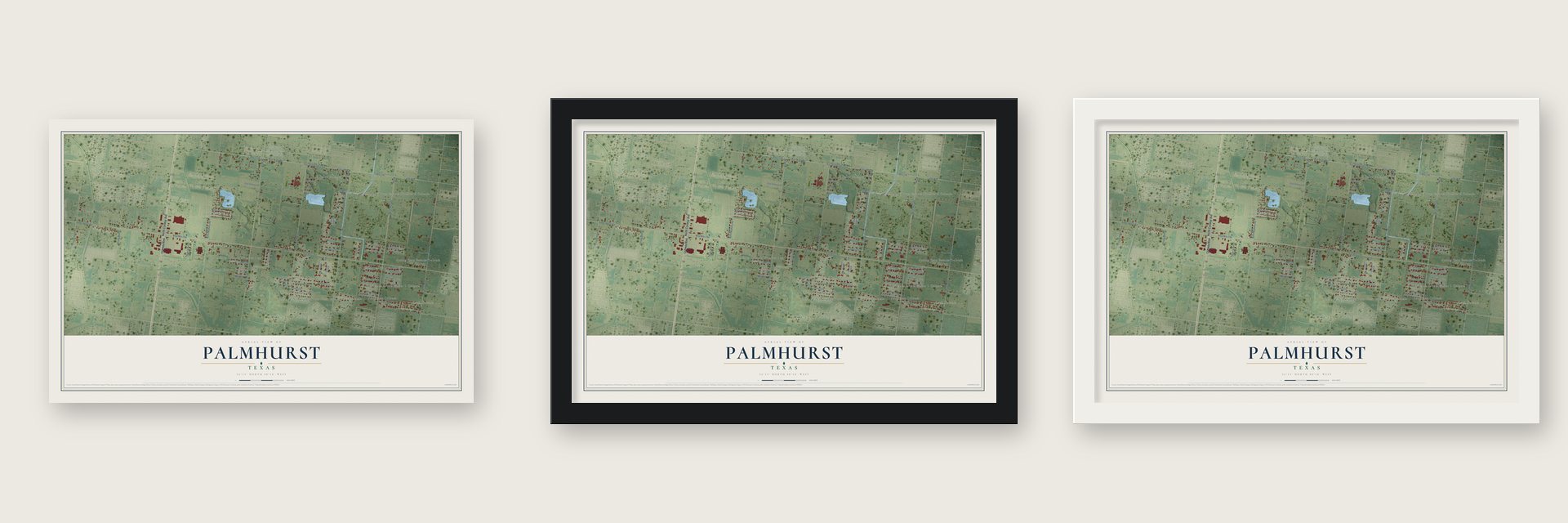 Palmhurst, Texas map unframed, in a black wood frame and in a white wood frame